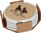Custom Light Brown w/Silver Edge Round Laserable Leatherette 4-Coaster Set with Holder, 3 7/8