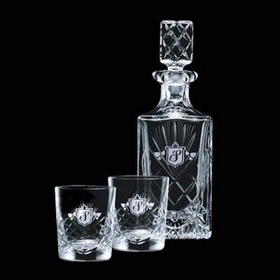 Custom 28 Oz. Cavanaugh Crystal Decanter & 2 Double Old Fashioned Glasses