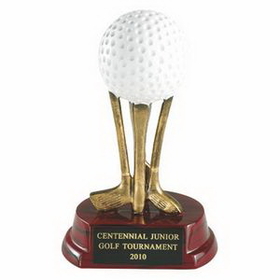 Custom 6" Golf Trophy w/Golf Ball atop Golf Club Pedestal & Wood Base