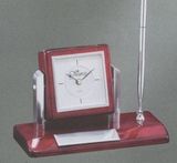 Blank Rosewood Desk Set w/ Swivel Clock & Pen (7 1/2