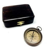 Custom Vintage Style Brass Compass in Hand Made Teak Wood Box, 3.25