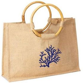 Custom Eco Green Jute / Burlap Shopping Tote Bag with Round Cane Handles