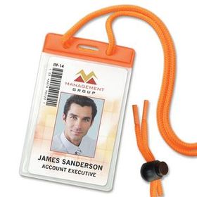 Custom Vinyl Vertical Holder With Orange Color Bar And Neck Cord, 2.66" W X 4.25" H