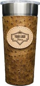 Custom Frio 24-7 Leather Wrapped Cup w/ Badge - Ostrich, 7.75" H x 3.6" L