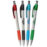Custom Silver Matte Barrel Pen w/ Stylus, Colored Rubber Grips & Accents