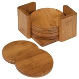 Custom Round Bamboo 6Pc Set Coasters With Holder (Screen Print), 3.75