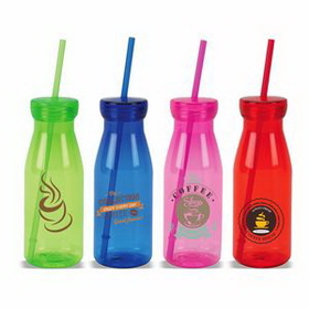 Custom Cutom Logo Water Bottle, 17 oz. Plastic Bottle with Straw, Travel Bottle, Coffee Bottle, 7.75" H x 2" Diameter x 2.5" Diameter