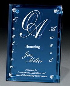 Custom Small Azule Colored Glass Award, 5" W X 7" H X 1 1/8" D