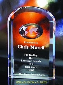 Custom World Arch Optical Crystal Award Trophy., 8" L x 5.5" W x 1.5" H