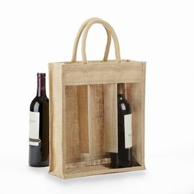 Custom 3 Bottle Clear front Jute Wine Bag, 14" L x 12" W x 4.5" D