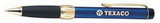 Custom Twist action, metal ball point pen, blue with black rubberized grip, black ink, 5 1/2