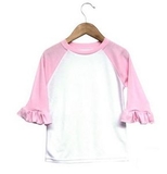 Custom The Laughing Giraffe® Toddler White/Pink 3/4 Sleeve Raglan Baseball T-Shirt w/Ruffled Trim