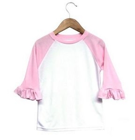 Custom The Laughing Giraffe&#174 Toddler White/Pink 3/4 Sleeve Raglan Baseball T-Shirt w/Ruffled Trim