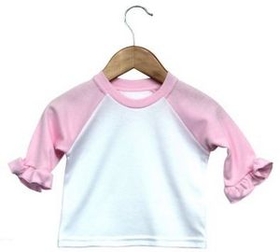Custom The Laughing Giraffe&#174 Baby White/Pink 3/4 Sleeve Raglan Baseball T-Shirt w/Ruffled Cuffs