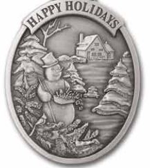 Custom Full Size Stock Design Happy Holidays Farmhouse Snow Scene Pewter Ornament, 2.25" Diameter