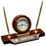 Custom Rosewood Piano Finish Desk Clock with Two Pens, 9