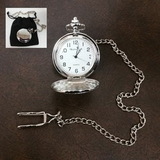 Custom Clip-On Metal Pocket Watch with Chain in Black Faux Suede Pouch (Silver), 1.750.375