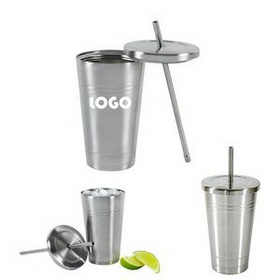 Custom 16 Oz. Stainless Steel Cold/Hot Cup Tumbler With Straw, 3.93" Diameter x 2.67" Diameter x 6.9" H