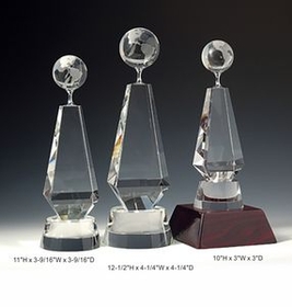Custom Globe Optical Crystal Award Trophy., 10" L x 3" Diameter x 3" H