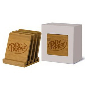 Custom 4 Piece Bamboo Coaster Set In Gift Box, 4" L x 4" W x 1 3/4" H