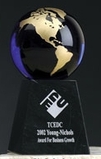 Custom Cobalt Blue Glass World Globe Award w/ Base (4