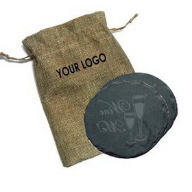 Round Slate Coaster (Set Of 2) In Burlap Bag