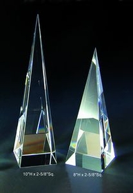 Custom Pyramid Tower optical crystal award trophy., 8" L x 2.625" Diameter
