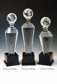 Custom World Globe Optical Crystal Award Trophy., 11" L x 3.125" Diameter