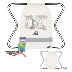 Custom Lil' Bit Reflective Non-Woven Coloring Drawstring Bag With Crayons