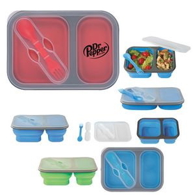 Custom Collapsible 2-Section Food Container With Dual Utensil, 8 1/4" W x 5 3/4" H x 2 1/2" D
