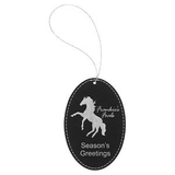 Custom Black & Silver Laserable Leatherette Oval Ornament with Silver String, 3
