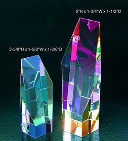 Custom Rainbow Hexagon optical crystal award trophy., 3.375" L x 1.625" W x 1.375" H