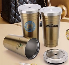 Custom 16 Oz. Double Wall Stainless Steel Coffee Mug with Straw/ Screw-On Lid, 7.5" H x 2.75" D