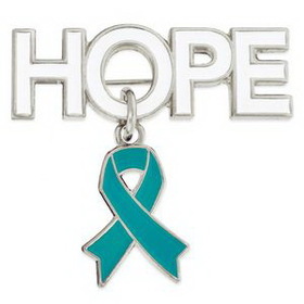 Blank Hope Pin with Teal Ribbon Charm, 1 1/4" W x 1 1/4" H