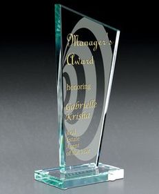 Custom Hydrus Jade Glass Award, 3 1/2" W X 7 3/8" H X 2" D