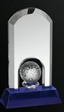 Custom Crystal Arched Rectangle Award w/ Inserted Golf Ball & Blue Base (5.75