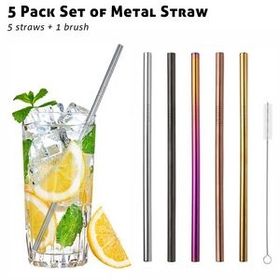 Custom 5 Pack Metal Straws Set with Brush, 8.5 Inch Length, 0.25 Inch Diameter, 215*6 MM, 0.25" Diameter x 10.5" H
