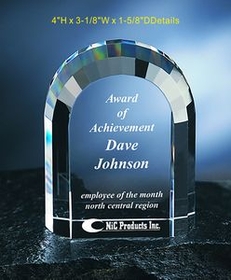 Custom Arch Award optical crystal award trophy., 4" L x 3.125" W x 1.625" H