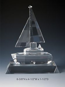 Custom Sail Boat Set optical crystal award trophy., 6.375" L x 4.5" W x 1.5" H