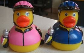 Custom Rubber Cyclist Duck, 3 1/2" L X 3 1/4" W X 3 1/2" H
