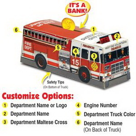 Custom Paper Fire Truck Bank, 6.25" L x 2.125" W x 2.25" H