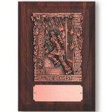 Genuine Walnut Plaque w/Antique Bronze Fire Fighter Figure & Copper Engraving Plate
