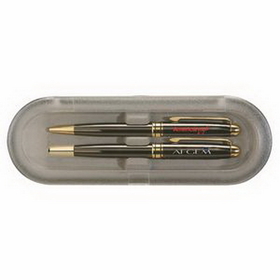Custom Deluxe Case w/Gun Metal Milano Pen & Rollerball Set, 1" L x 2.5" W x 7.375" H