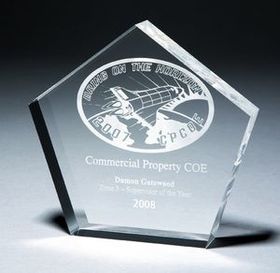 Custom Pentagon 3/4" Thick Clear Acrylic Award (6"x 5 3/4"x 3/4") Laser Engraved