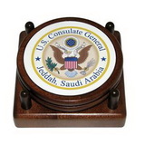 Custom Round Wood 2 Coaster Set w/ Leather Inlay & 4-Color Process, 4