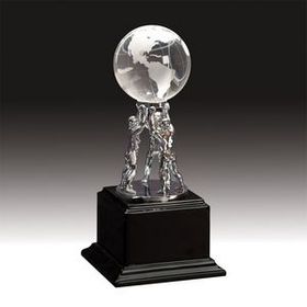 Custom view large image Crystal Globe with Silver Men/ Stand on Black Piano Finish Base, 10" H