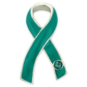 Blank Teal Awareness Ribbon with Stone Pin, 1 1/4" H x 3/4" W