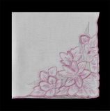 Blank 100 percent Fine Cotton Ladies Hankies w/Pastel Flower Embroidery (White)