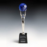 Custom Blue Optical Crystal Globe Award on Black Optical Crystal, 2 3/4