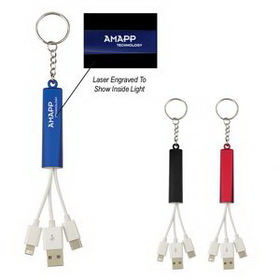 Custom 3-In-1 Light Up Charging Cables On Key Ring, 5" W x 1/2" H